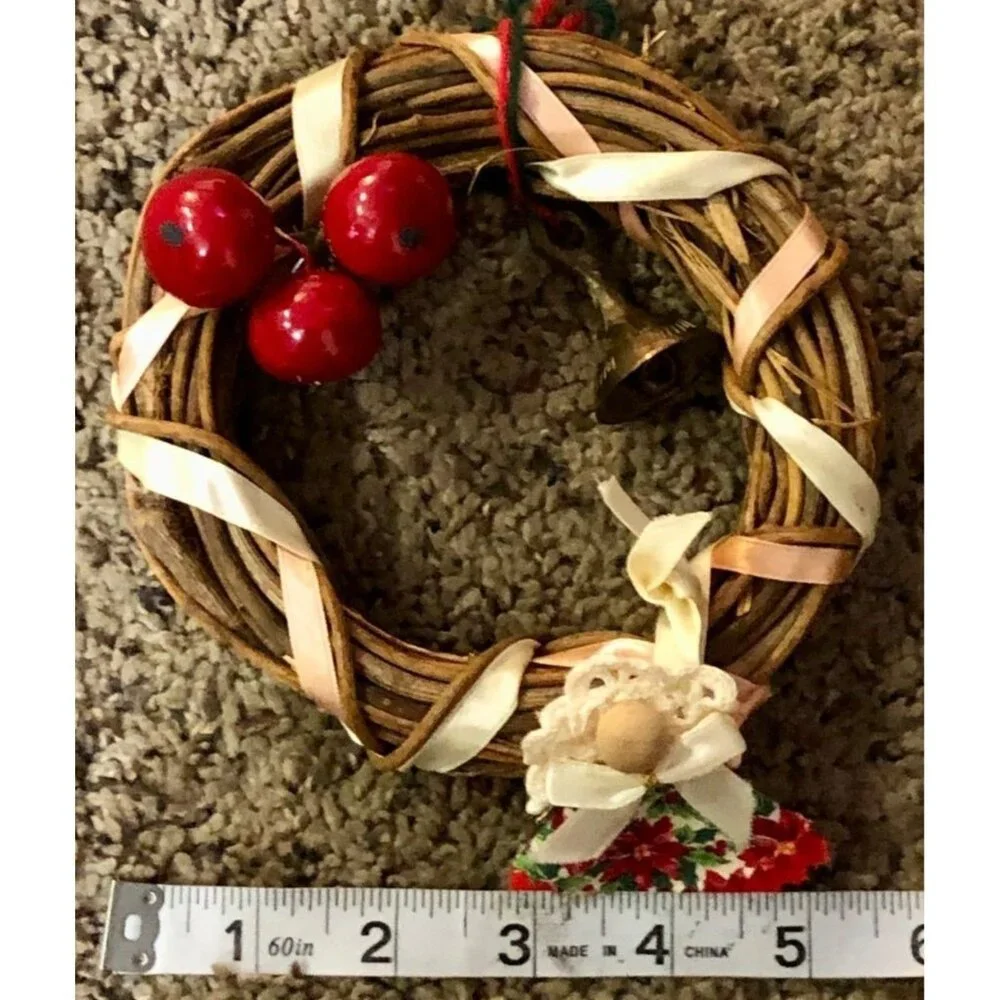 Miniature 5” Wreath Used Cherries Angel Brass Bell